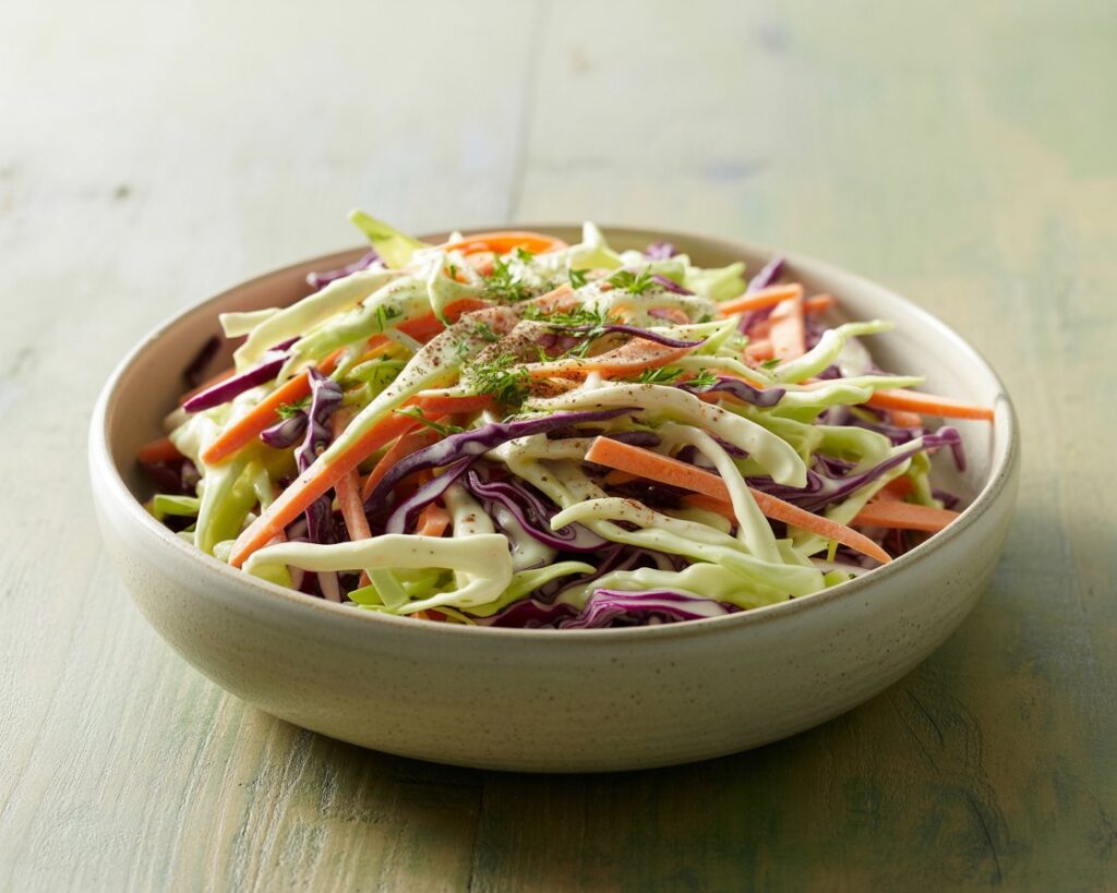 Fresh coleslaw with crunchy vegetables and tangy dressing.