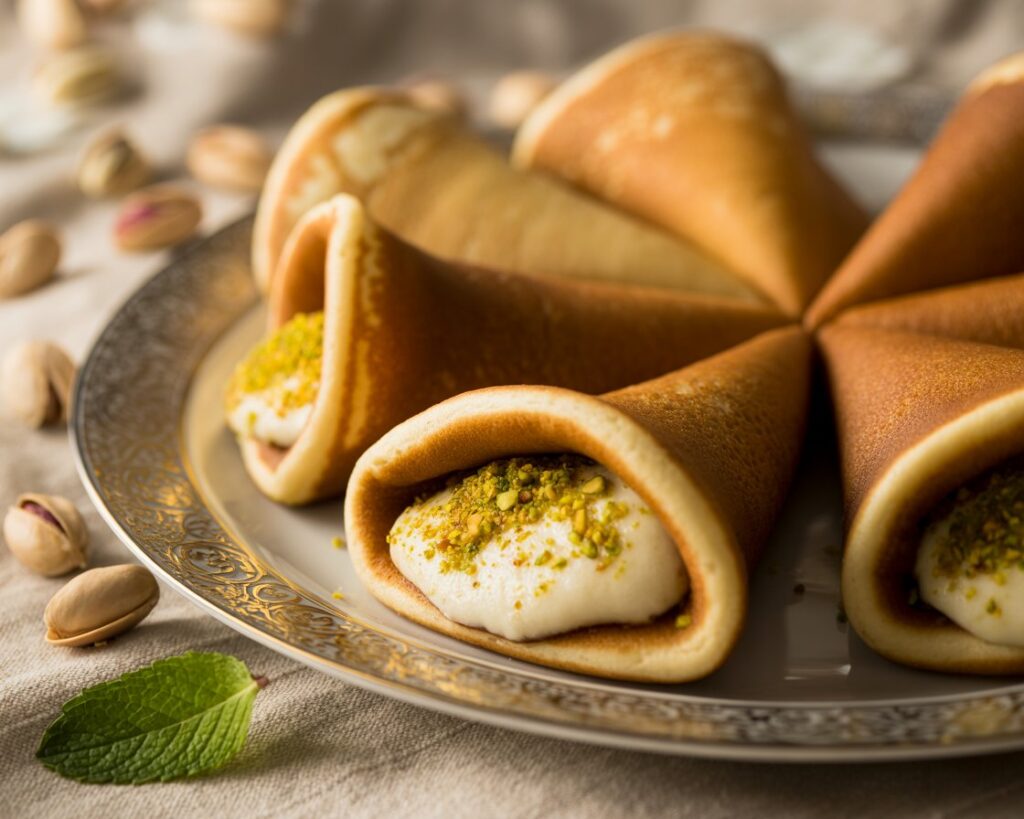 Qatayef pastries filled with cream and chopped nuts served on a platter.