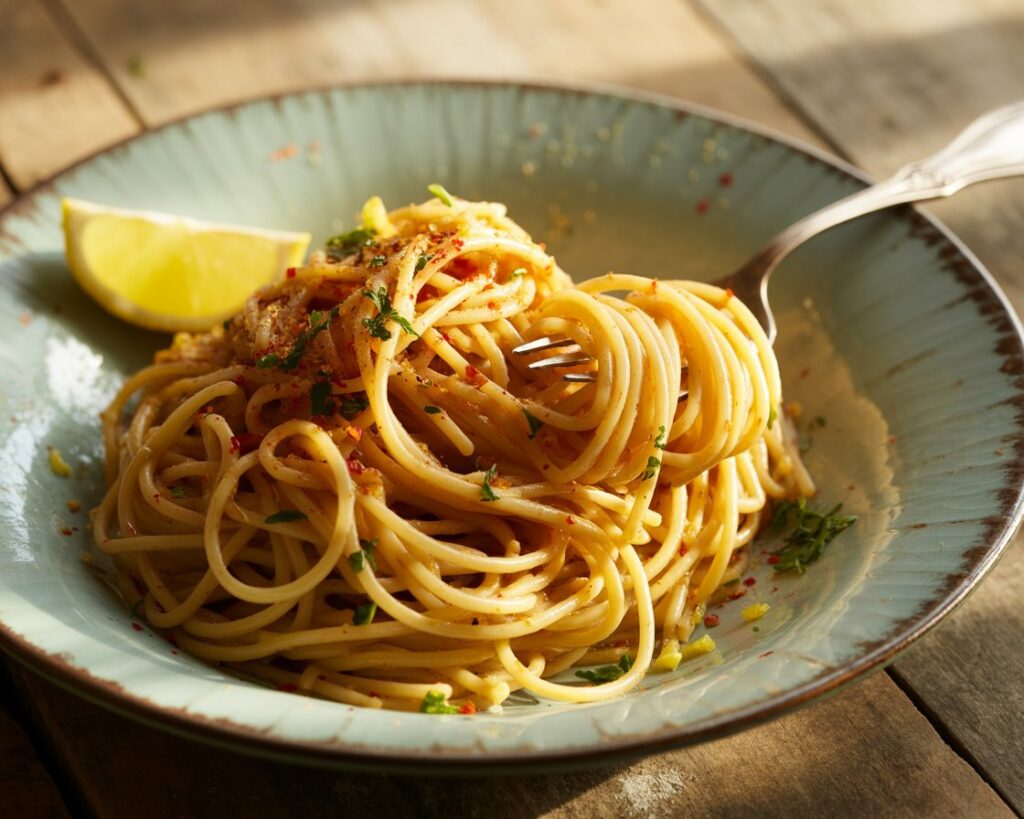 Family enjoying a hearty bowl of cowboy butter spaghetti together.