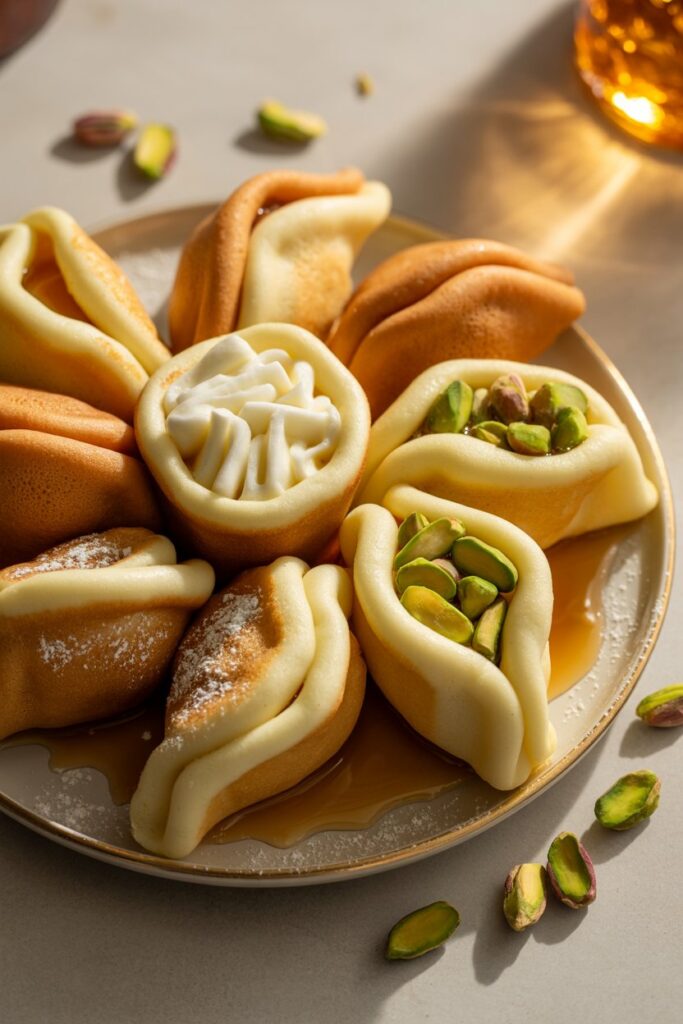 Plate of homemade qatayef dusted with powdered sugar and syrup drizzle.
