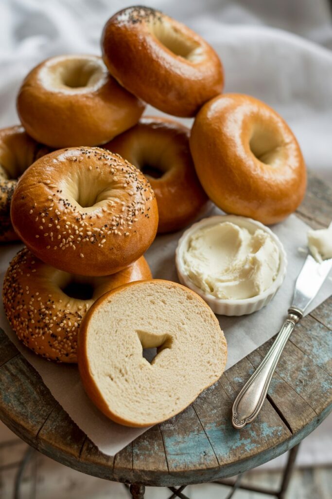 Mixing ingredients for homemade bagel dough in a bowl.