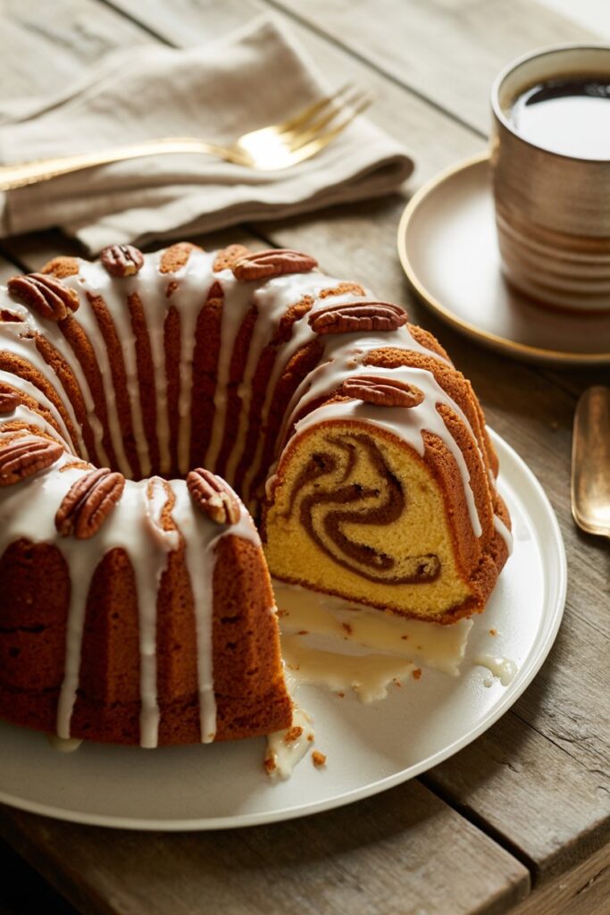 Southern-style Sock It to Me cake topped with vanilla glaze.