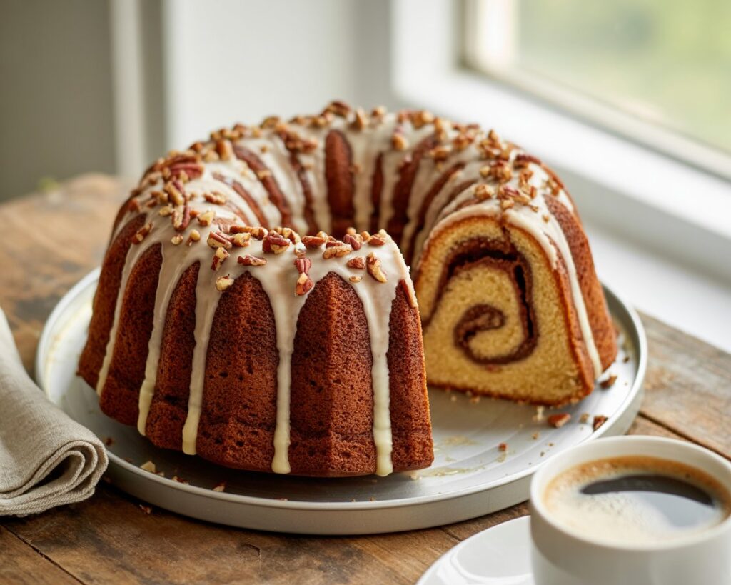 Homemade Sock It to Me cake served with coffee on a rustic table.