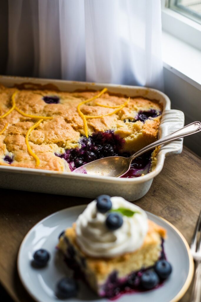 Ingredients for lemon blueberry dump cake including cake mix, blueberries, and lemon.