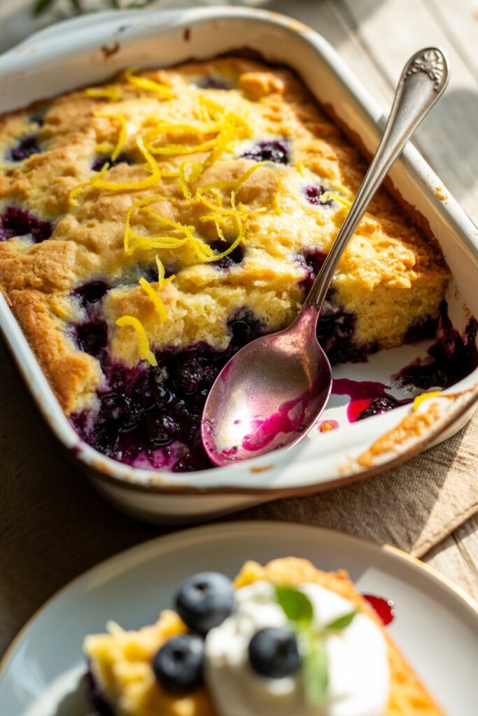 Close-up of a slice of lemon blueberry dump cake with berries and crumb topping.