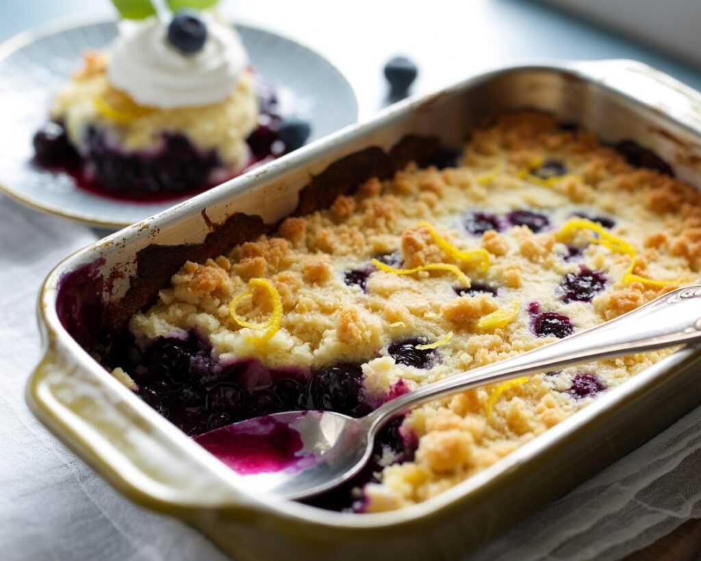 Serving spoon scooping lemon blueberry dump cake onto a dessert plate.