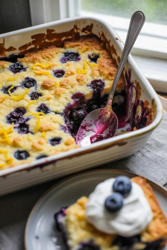 Freshly baked lemon blueberry dump cake in a glass baking dish.