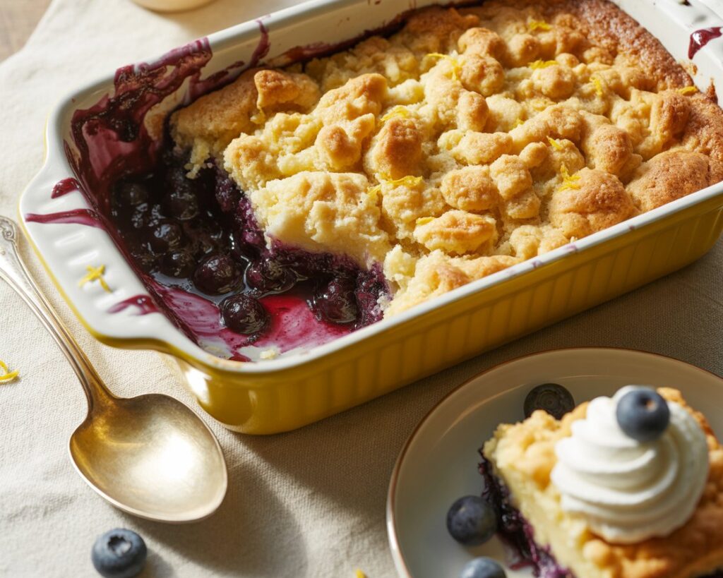 Family enjoying slices of homemade lemon blueberry dump cake.