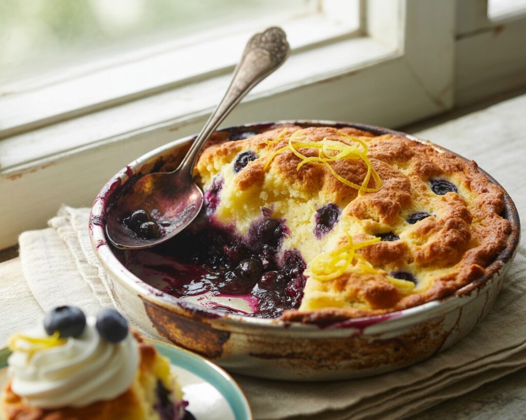 Golden, bubbly topping of a lemon blueberry dump cake fresh from the oven.