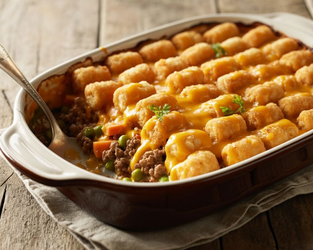 Layered casserole dish showing tater tots, ground beef, and cheese.