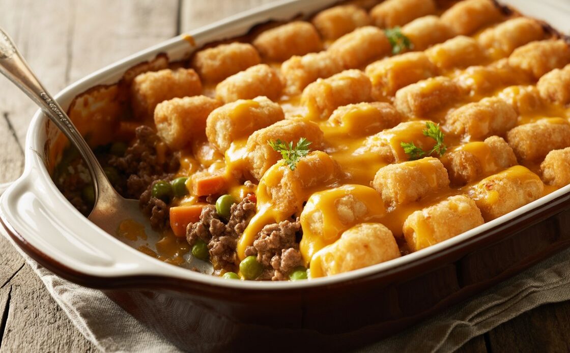 Layered casserole dish showing tater tots, ground beef, and cheese.