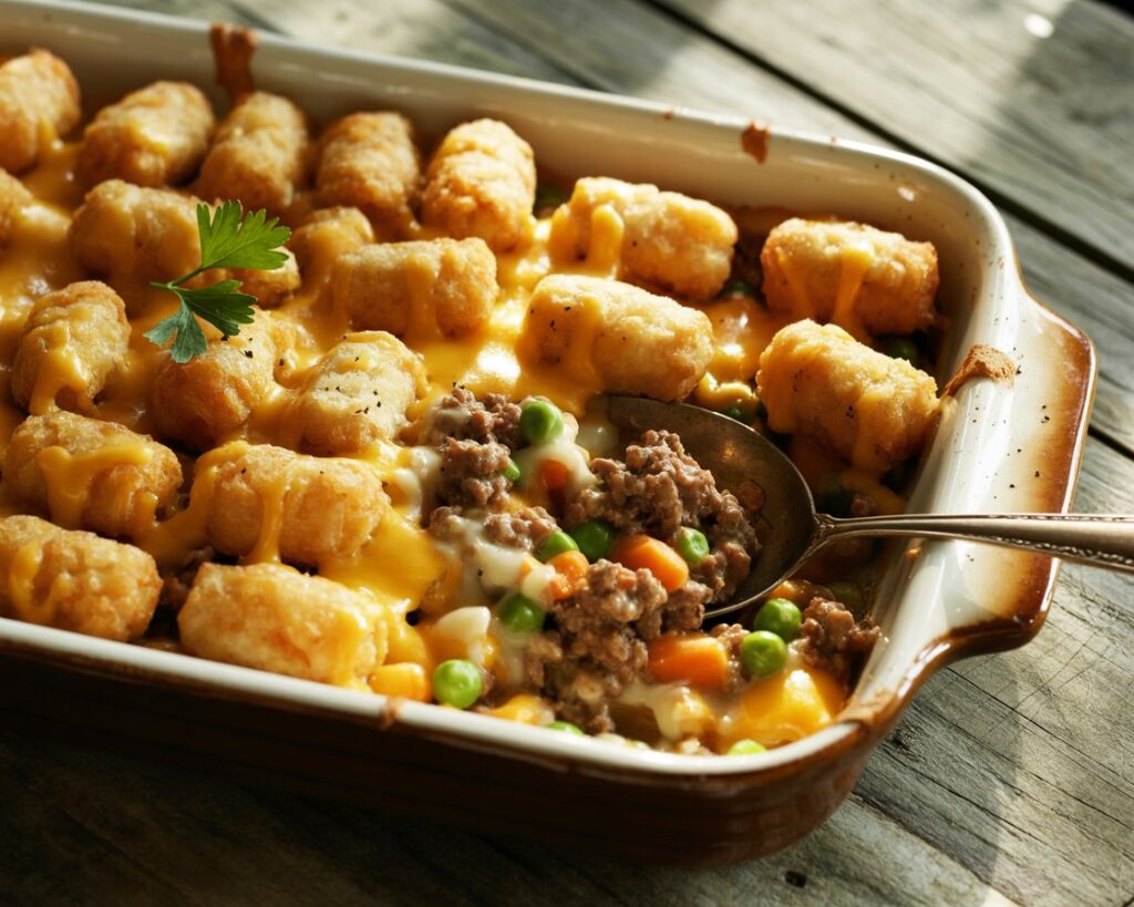 Family enjoying a warm serving of homemade tater tot casserole.