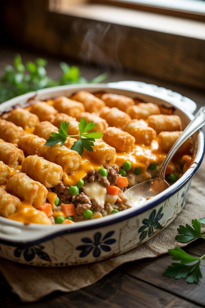 Serving spoon scooping cheesy tater tot hotdish onto a plate.