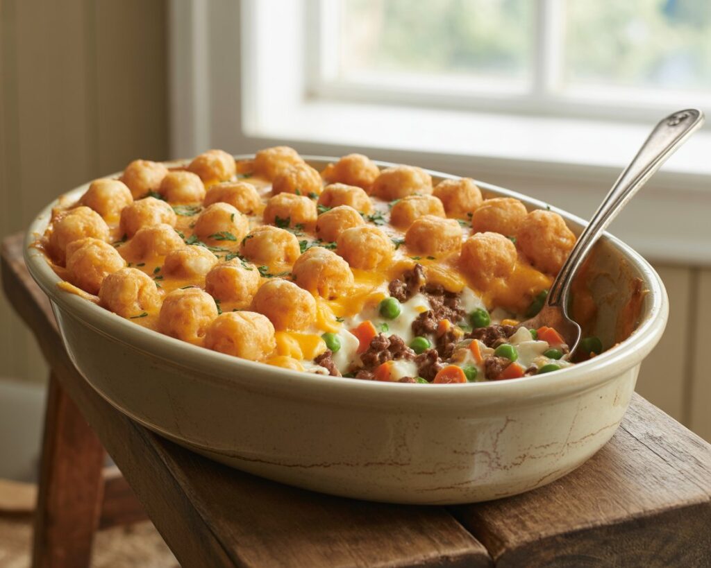 Ingredients for tater tot hotdish including ground beef, cheese, and vegetables.
