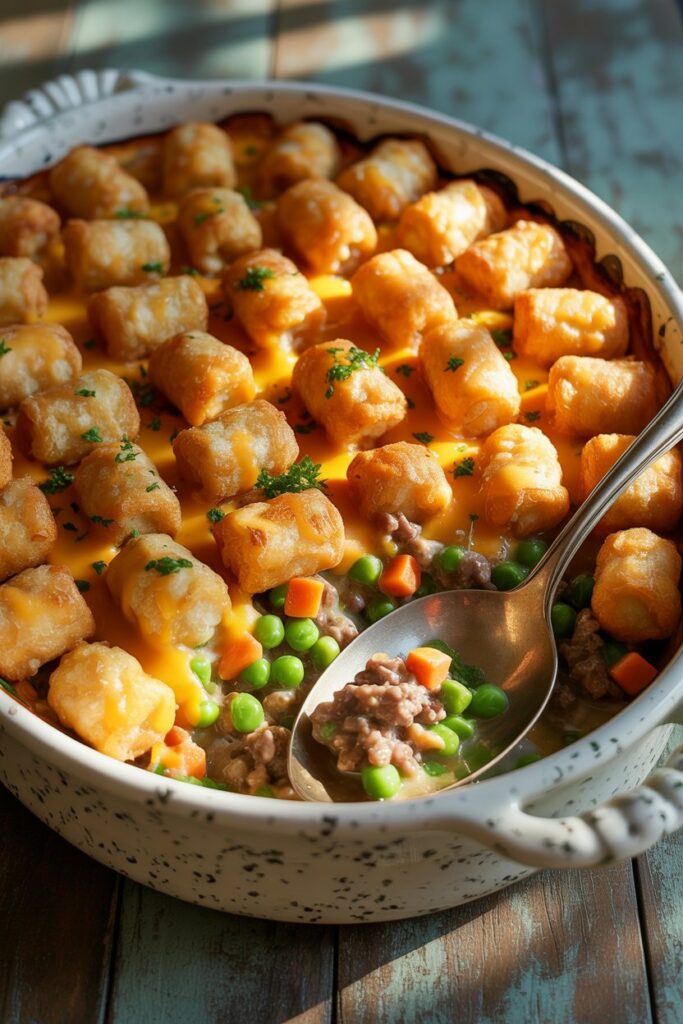 Close-up of crispy tater tots layered over a savory ground beef casserole.