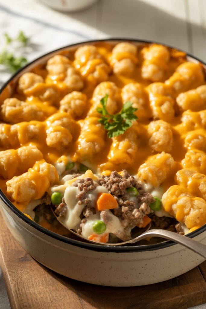 Baking dish filled with golden tater tot hotdish fresh from the oven.