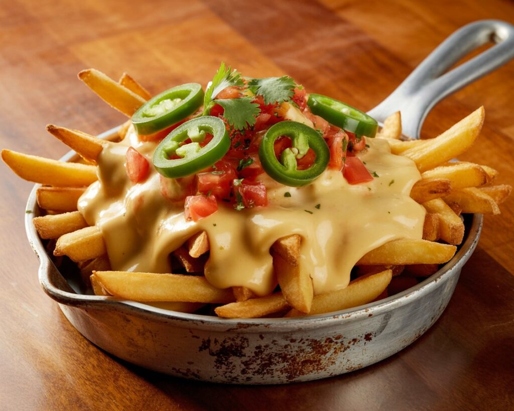 Close-up of seasoned fries dipped in warm queso cheese dip.