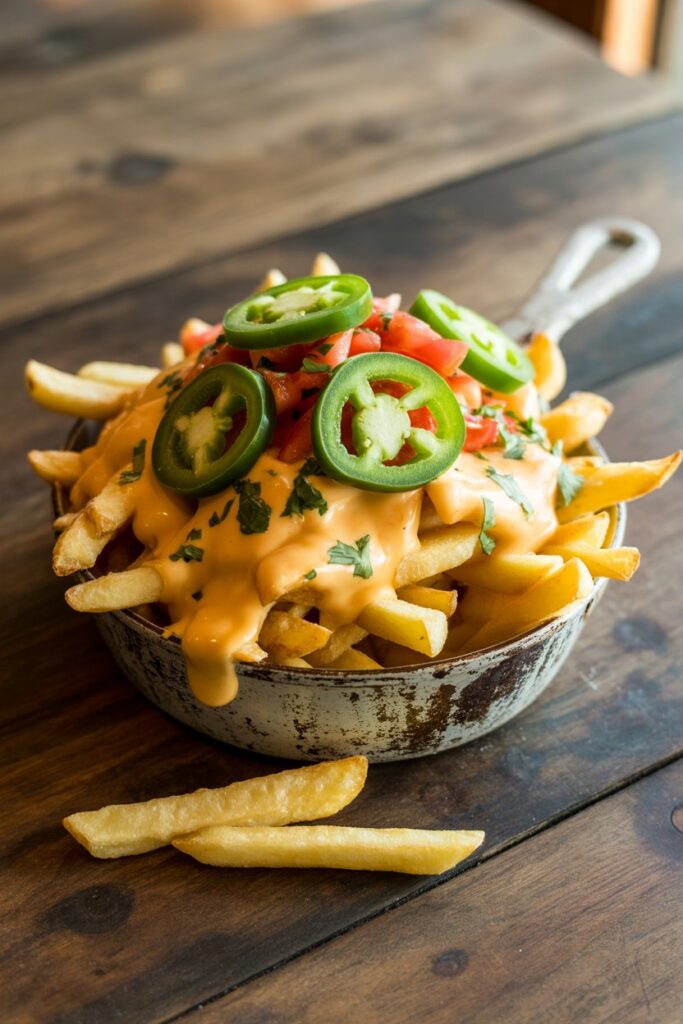 Loaded nacho fries with queso, sour cream, and fresh guacamole.