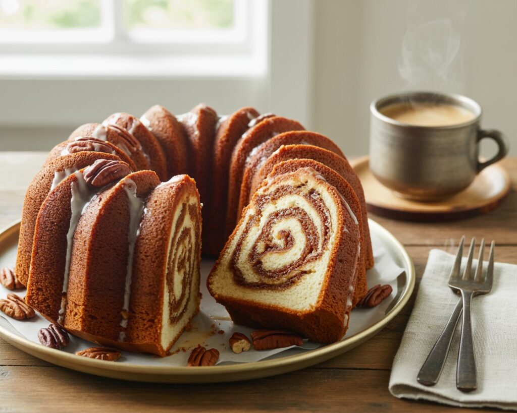 Freshly baked Sock It to Me cake on a serving platter.