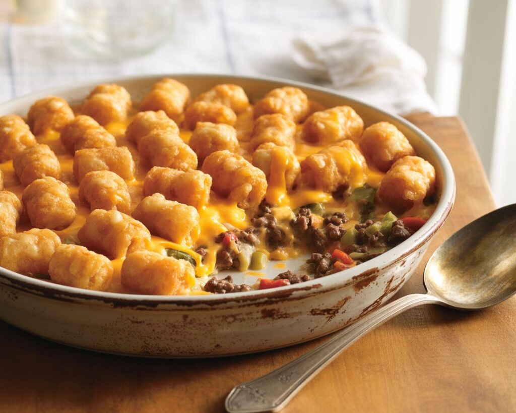 Close-up of crispy tater tots layered over creamy casserole filling.