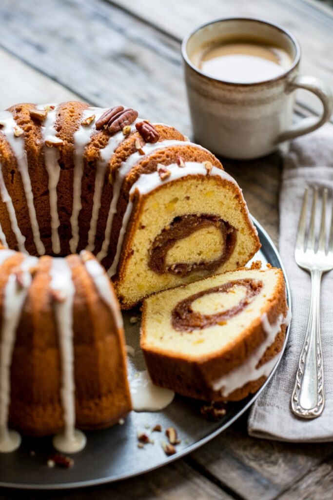 Slice of Sock It to Me Bundt cake showing pecan and cinnamon layers.