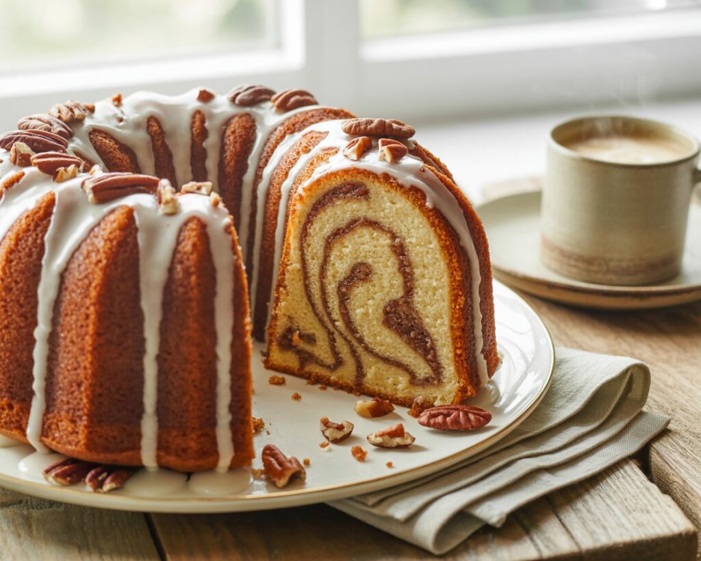 Classic Southern Sock It to Me Bundt cake with cinnamon swirl filling.