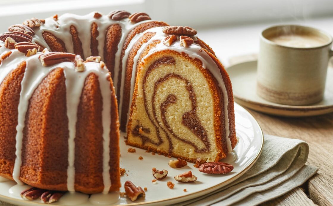 Classic Southern Sock It to Me Bundt cake with cinnamon swirl filling.