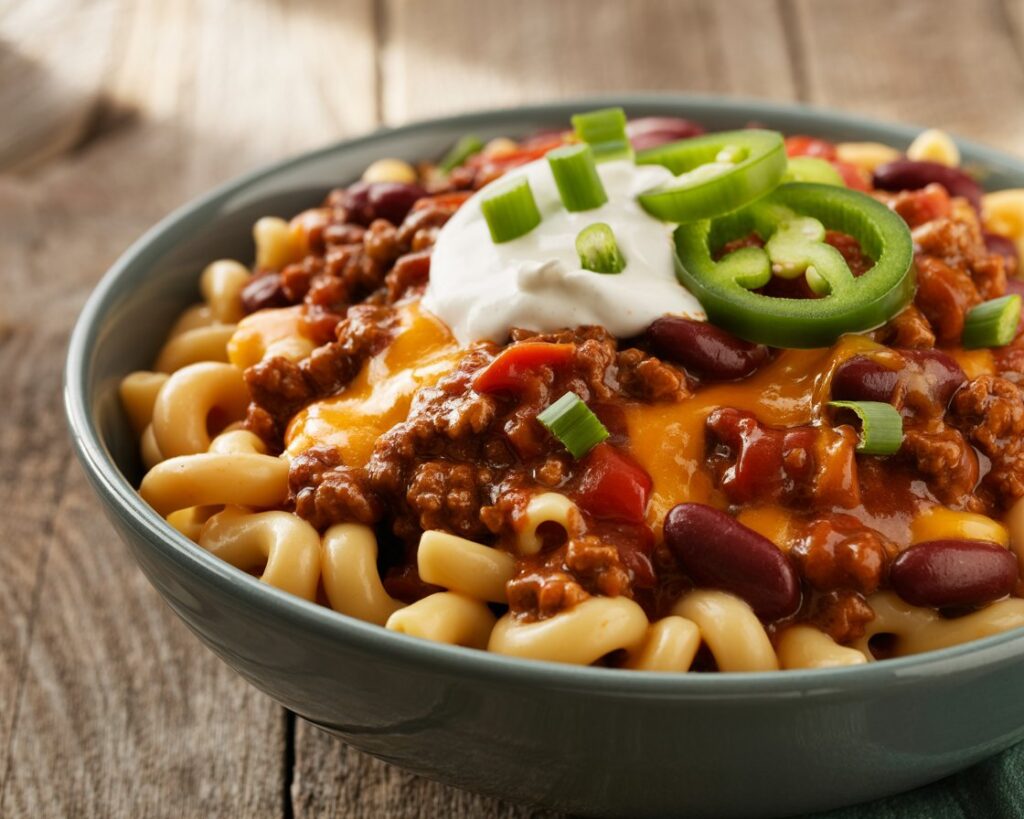 Easy chili mac recipe with macaroni pasta and seasoned ground beef.