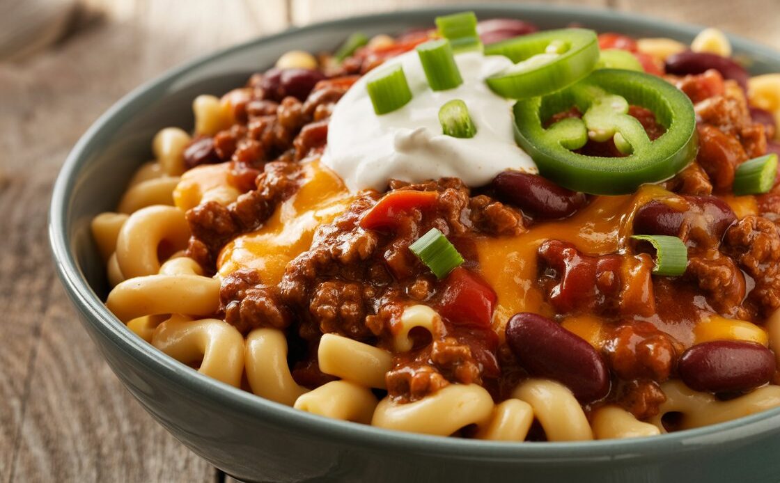 Easy chili mac recipe with macaroni pasta and seasoned ground beef.