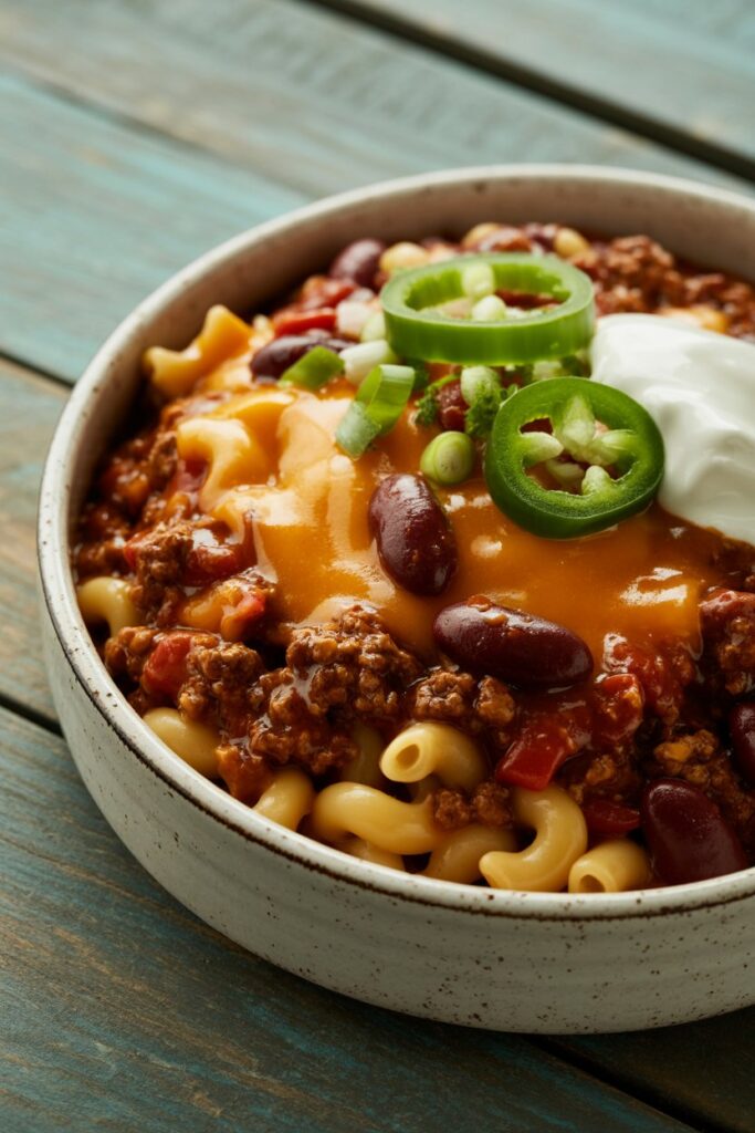 Comfort food chili mac topped with shredded cheddar cheese.