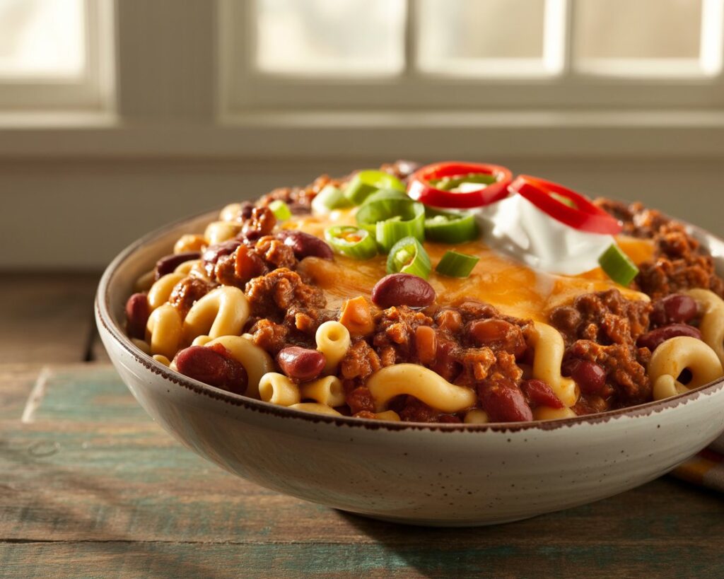 Homemade chili mac served in a bowl with melted cheese on top.