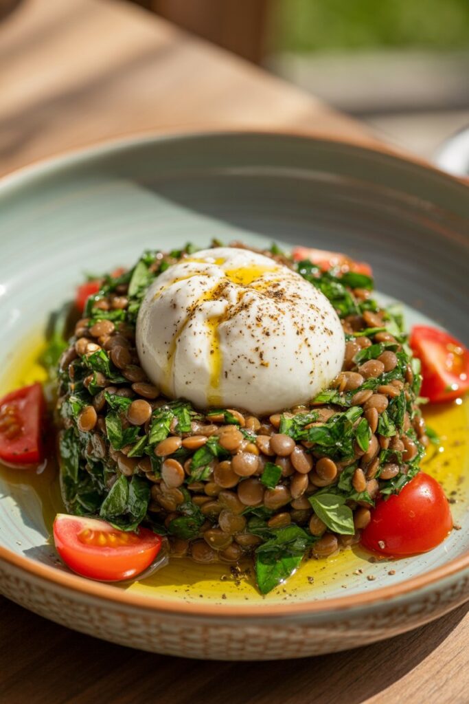 Fresh lentil salad with burrata served in a rustic bowl.