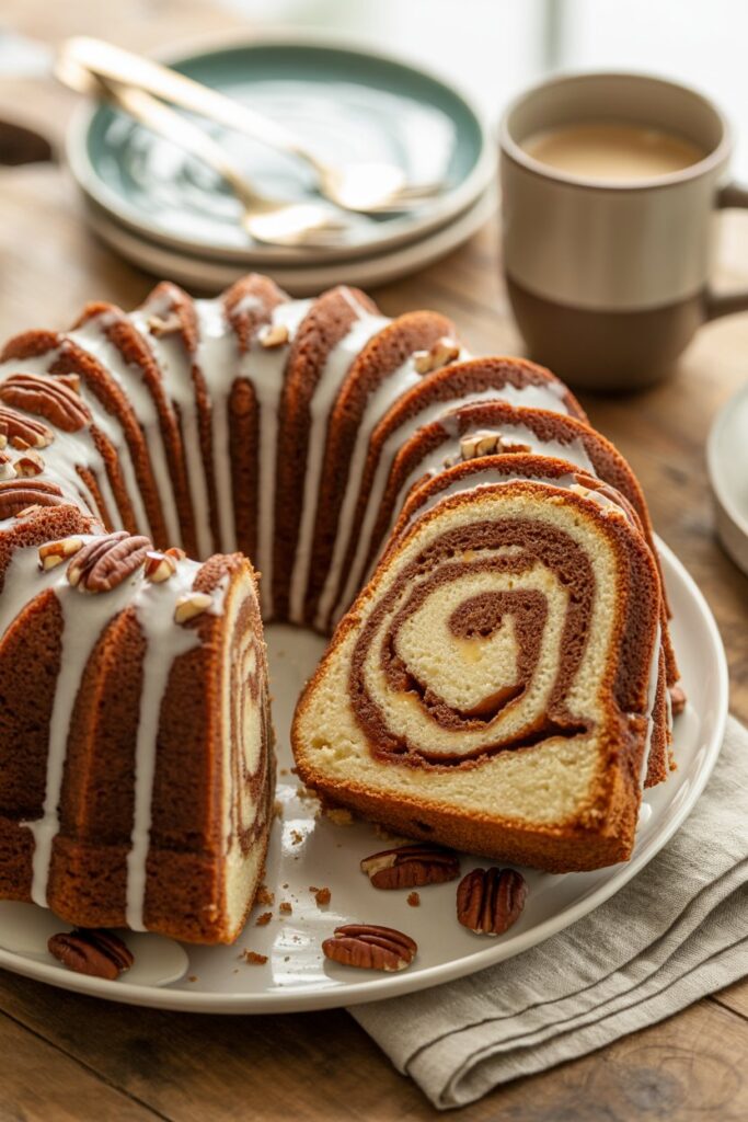 Close-up of Sock It to Me cake texture and cinnamon sugar swirl.