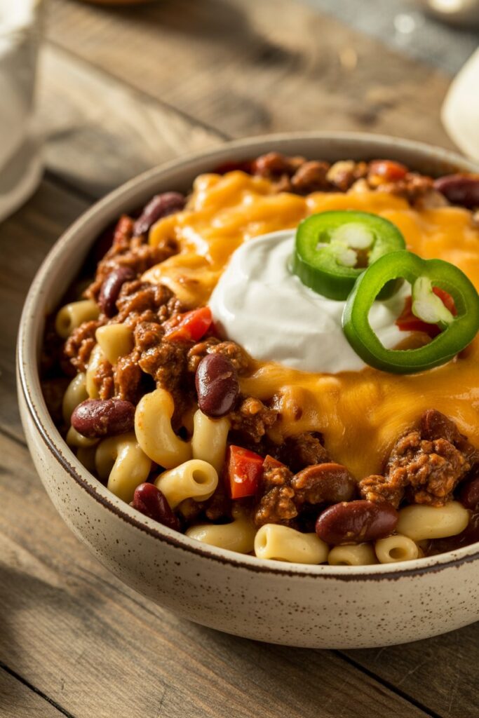 Classic chili mac recipe served warm with fresh herbs.