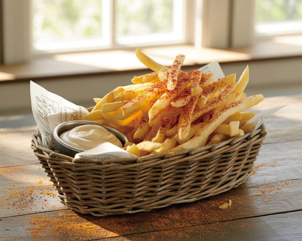 Baking tray filled with golden, crispy Old Bay seasoned skinny fries.