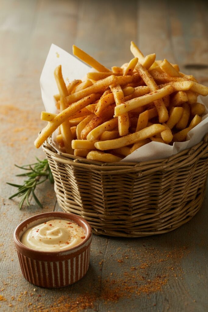 Step-by-step preparation of Old Bay skinny fries in a home kitchen.