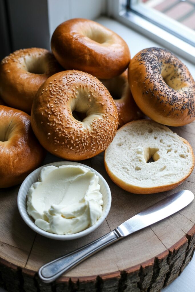 Baker placing bagels into the oven on a baking tray.
