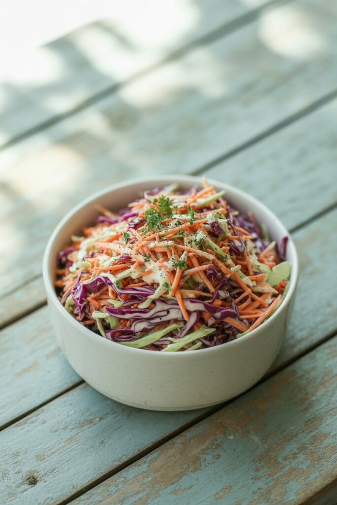 Homemade coleslaw with shredded cabbage and carrots.