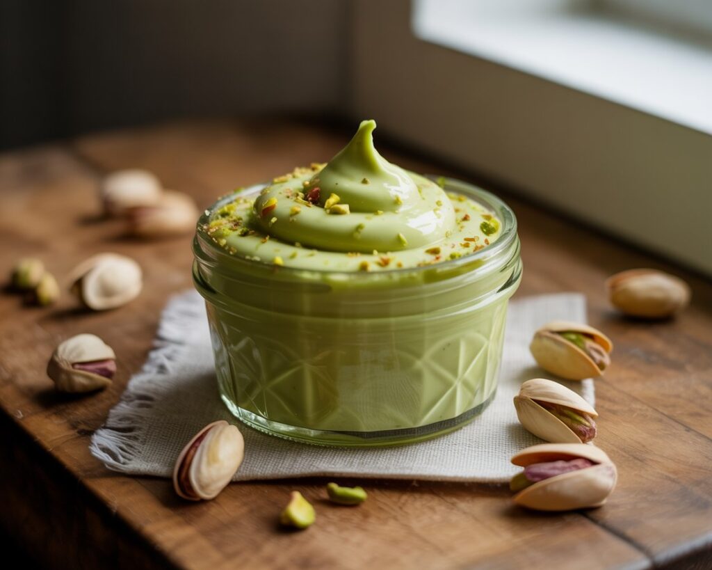 Rich and velvety pistachio cream with whole pistachios scattered around.