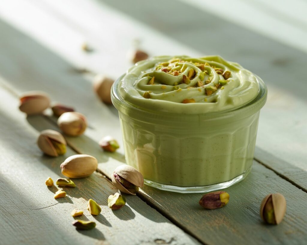 Pistachio cream drizzled over croissants on a rustic wooden table.