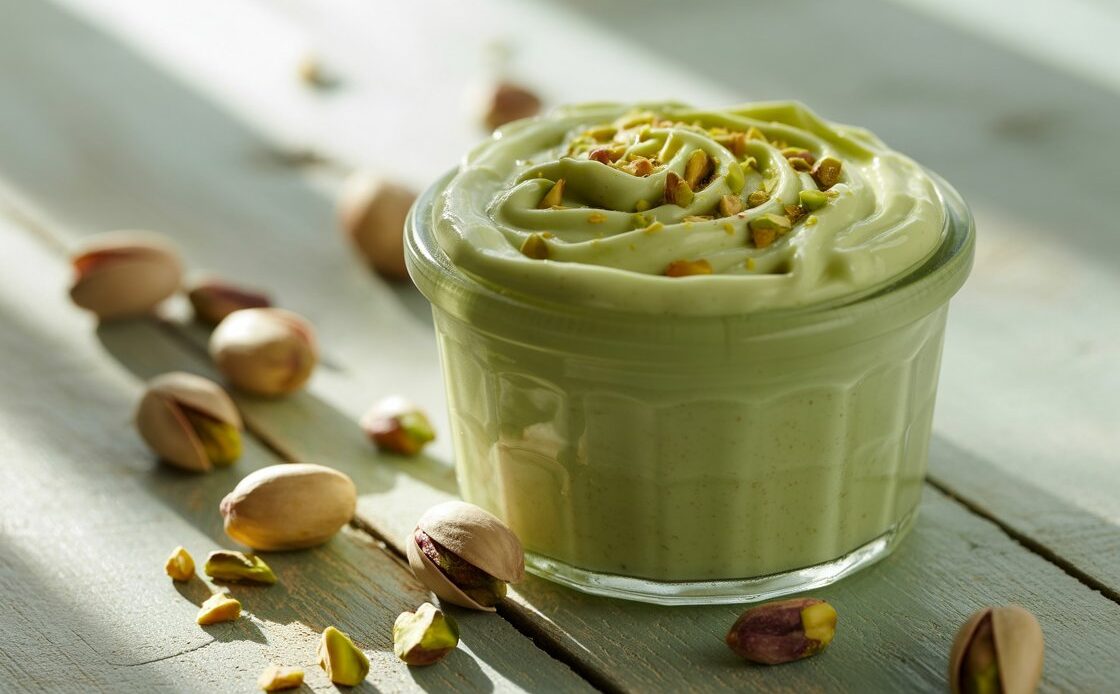 Pistachio cream drizzled over croissants on a rustic wooden table.
