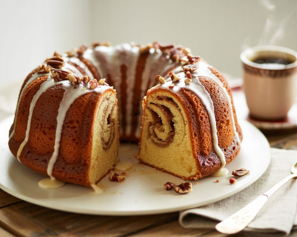 Iced Sock It to Me Bundt cake decorated with pecans.