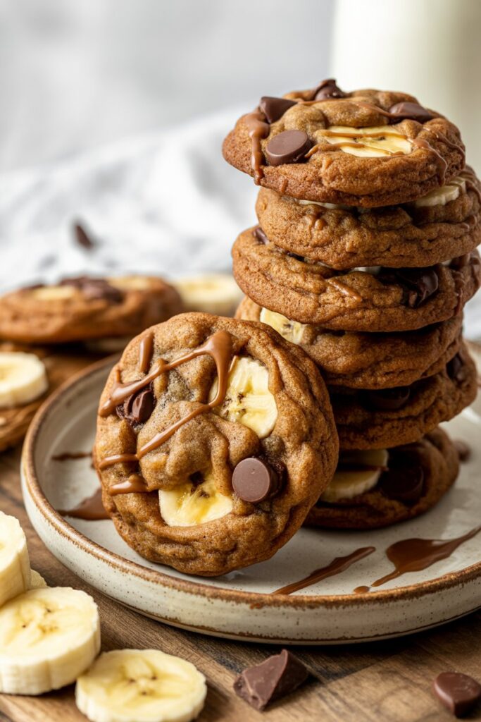 Close-up of a freshly baked banana cookie with a soft, gooey center.