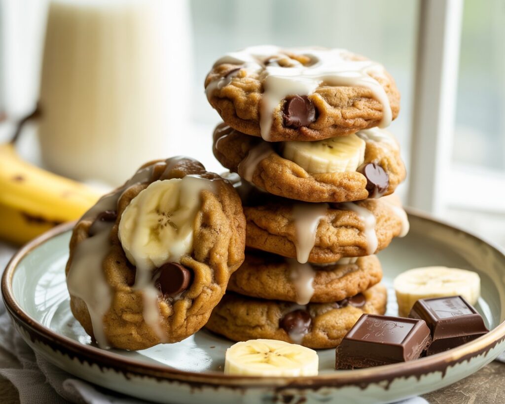 Person breaking a chewy brown butter banana cookie in half to show texture.