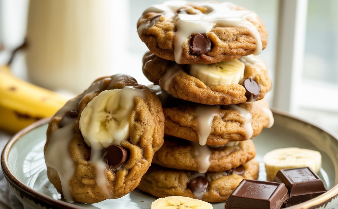 Person breaking a chewy brown butter banana cookie in half to show texture.