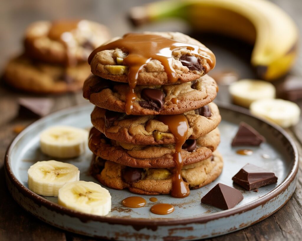 Chewy brown butter banana cookies ready to enjoy as a homemade dessert.