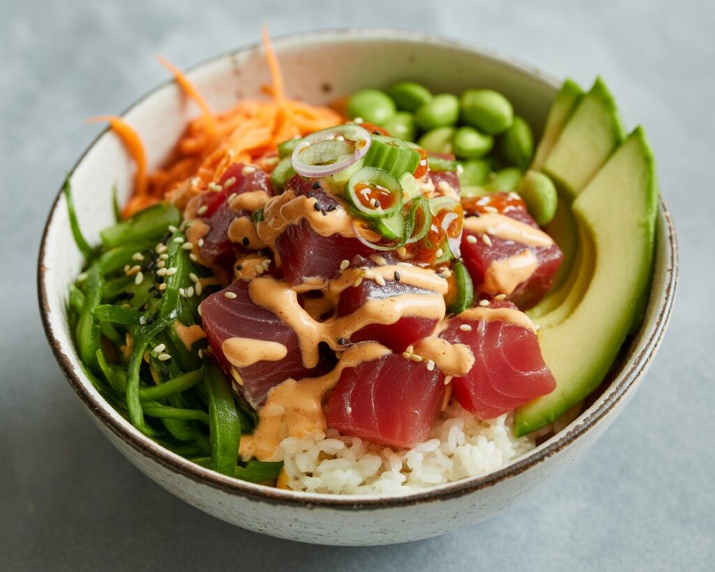 Step-by-step preparation of a spicy tuna poke bowl in a kitchen.