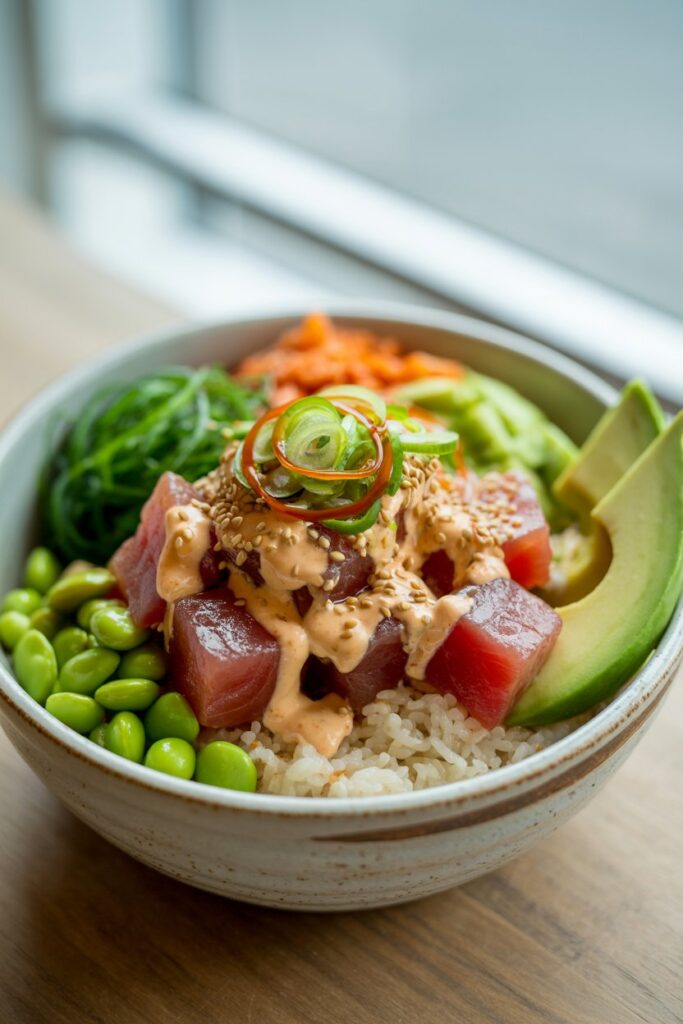 Colorful poke bowl with tuna, edamame, cucumber, and seaweed.