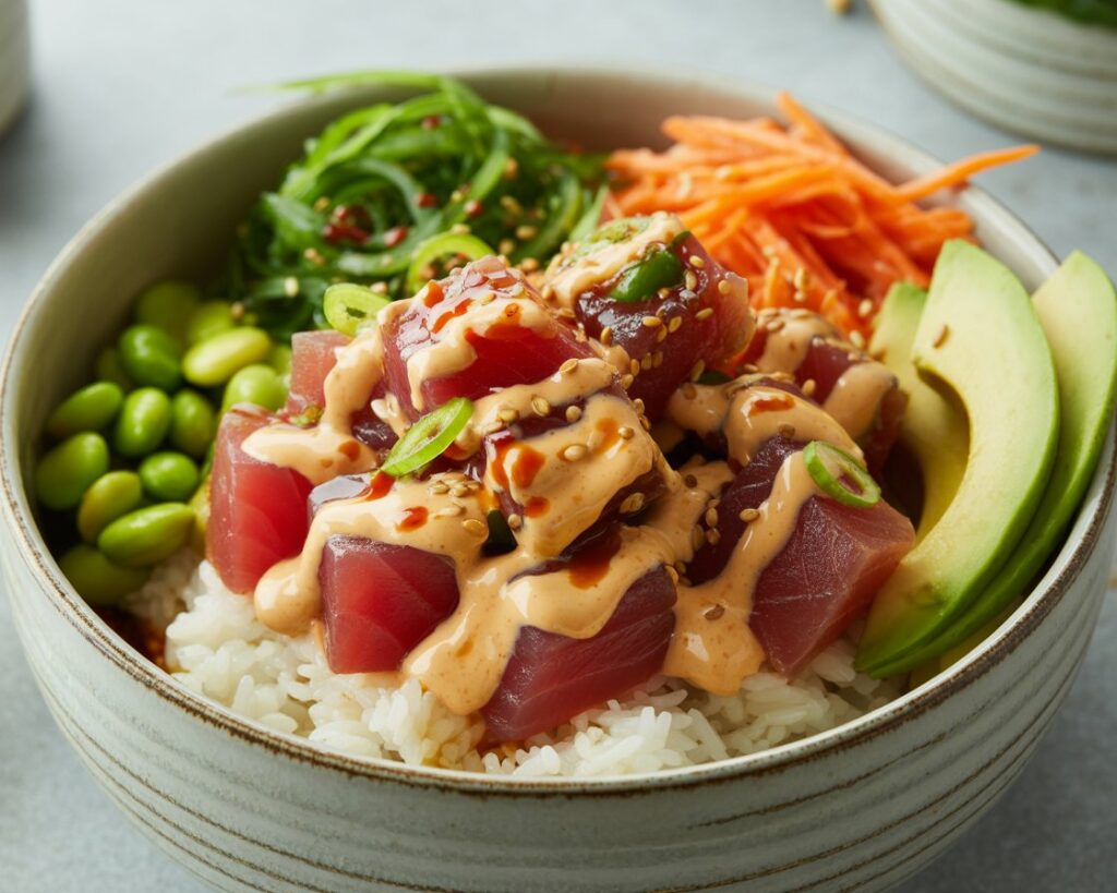 Hawaiian-style poke bowl topped with sesame seeds and green onions.