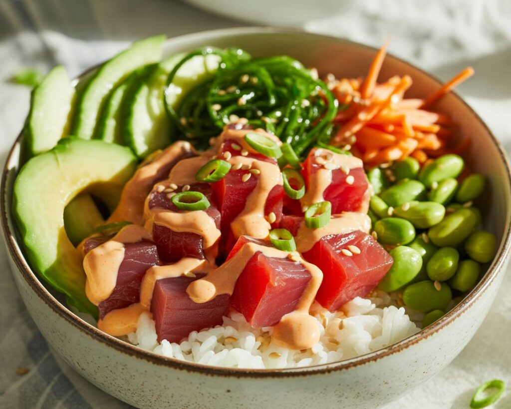 Bowl of spicy tuna poke with rice, avocado, and vegetables.